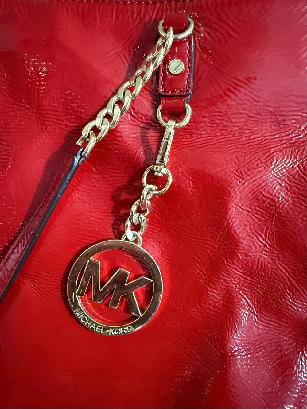 Michael Kors Shiny Red Patent Leather Tote with Gold Chain Handles